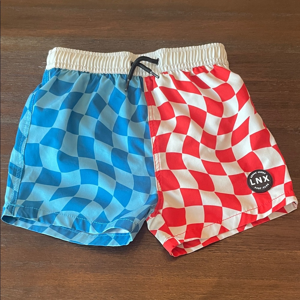LNX Kids Two-Tone Red & Blue Checker Swim Trunks 4T like new